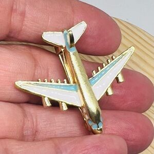 New Gold-tone Enamel Airplane Pin Brooch - White & Light Blue